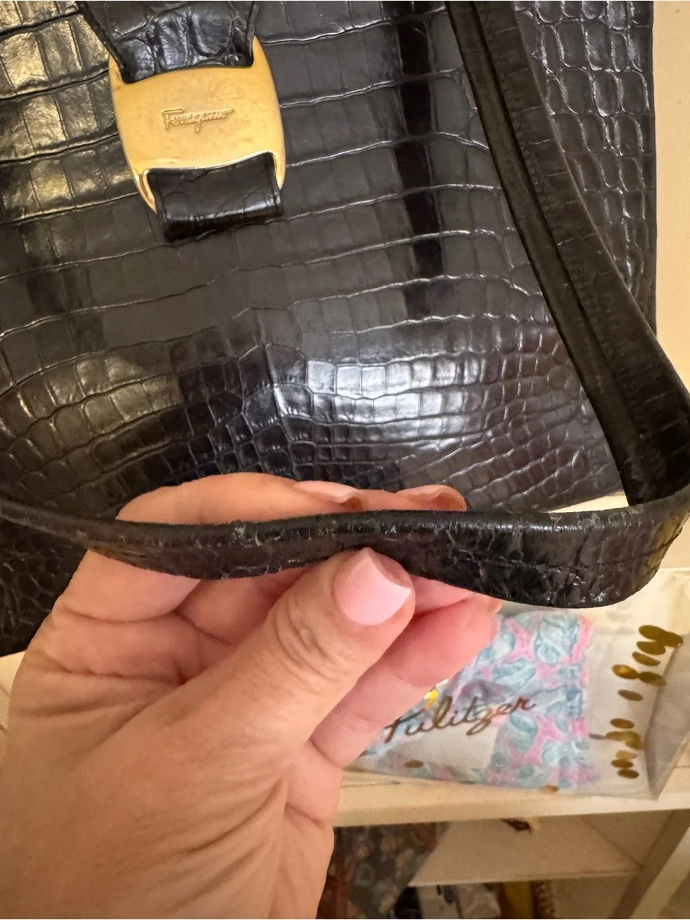 Salvatore Ferragamo Black Croc-Embossed Leather Bag with Gold Hardware